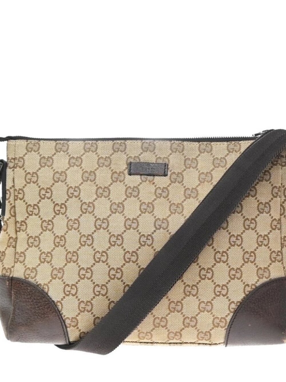 Gucci GG Logo Zipper Crossbody Shoulder Bag Canvas Leather Brown Italy 83KP678